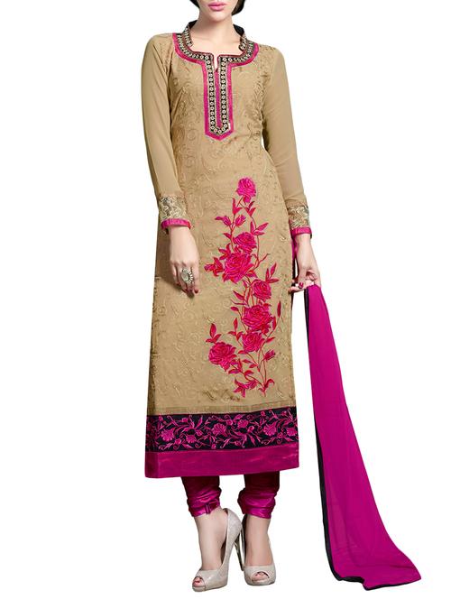 beige unstitched churidaar suits dress material - 14379746 - Very Small Image - 1