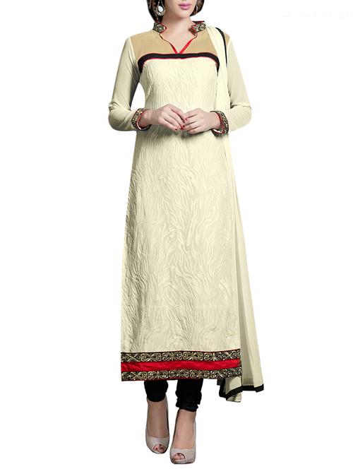 embroidered beige semi-stitched suit - 14379756 - Very Small Image - 1