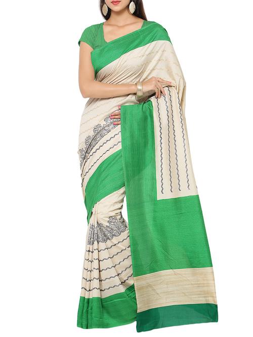 cream silk printed saree with blouse - 14380043 - Very Small Image - 1