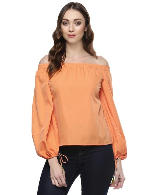 tassel tie-up smocked bardot top - 14382806 - Very Small Image - 1