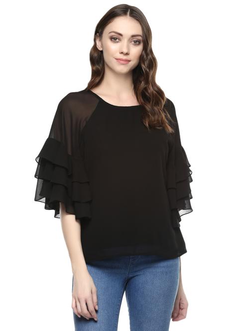 sheer panel ruffle sleeved top - 14382809 - Very Small Image - 1