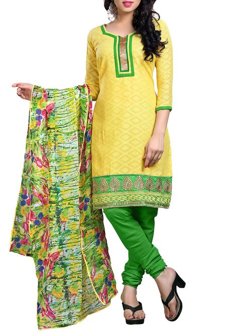 yellow cotton blend un-stitched dress material - 14383336 - Very Small Image - 1