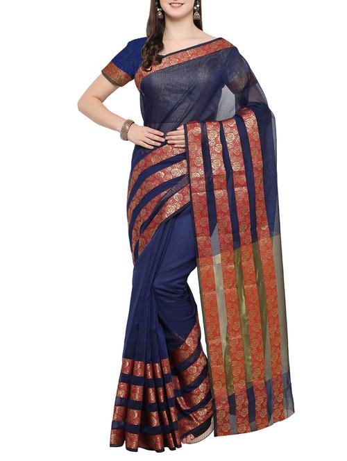 blue cotton blend bordered saree with blouse - 14383554 - Very Small Image - 1