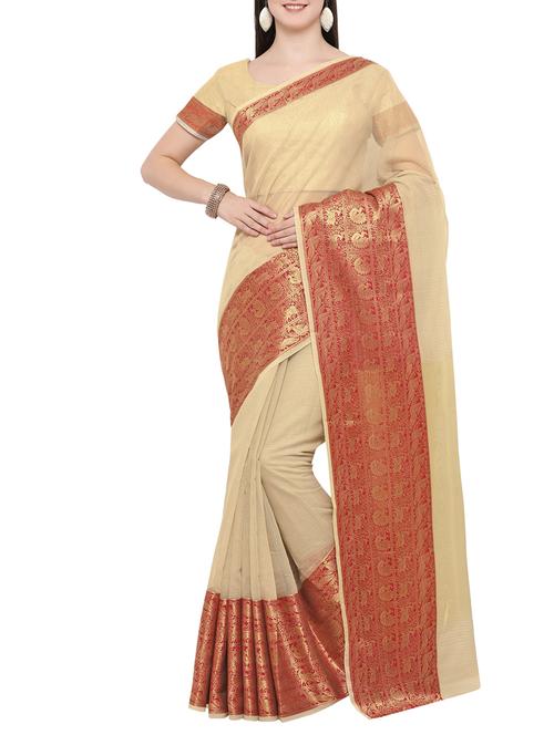 beige cotton blend bordered saree with blouse - 14383555 - Very Small Image - 1