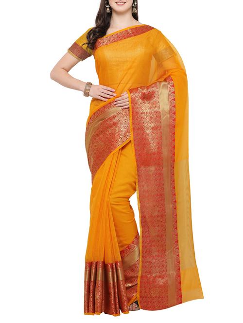 orange cotton blend bordered saree with blouse - 14383557 - Very Small Image - 1