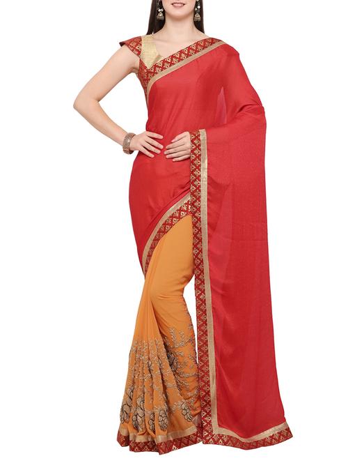 red faux georgette half & half saree with blouse - 14383579 - Very Small Image - 1