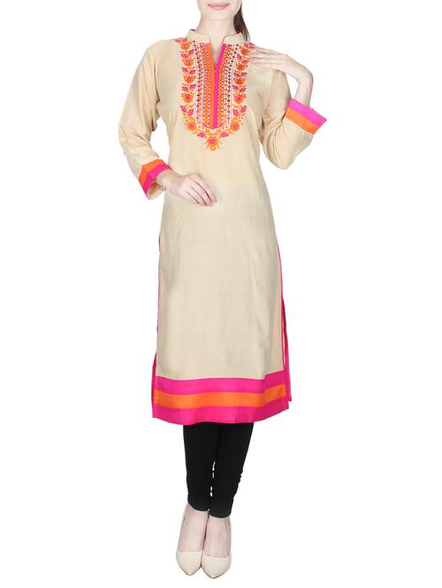 beige linen straight kurta - 14383972 - Very Small Image - 1
