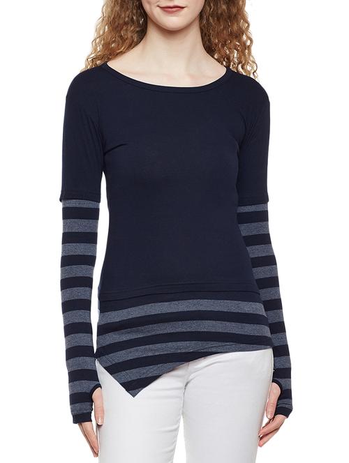 thumb hole sleeved striped tee - 14384013 - Very Small Image - 1