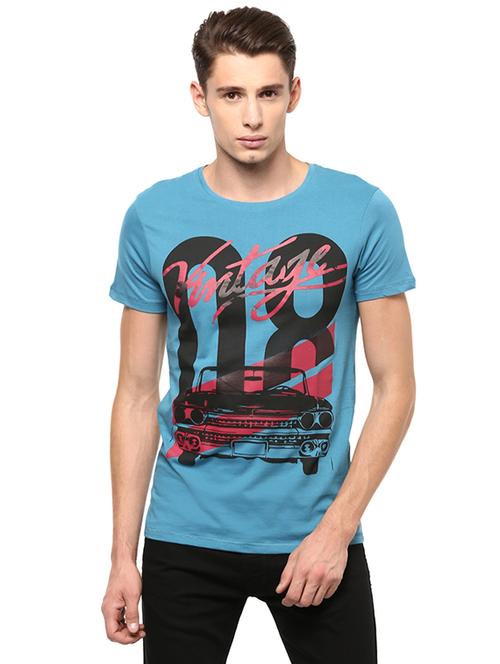 blue cotton chest print t-shirt - 14385065 - Very Small Image - 1