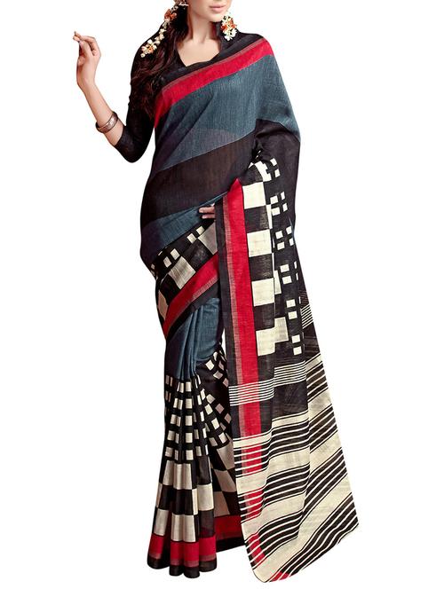black printed art silk saree with blouse - 14390678 - Very Small Image - 1