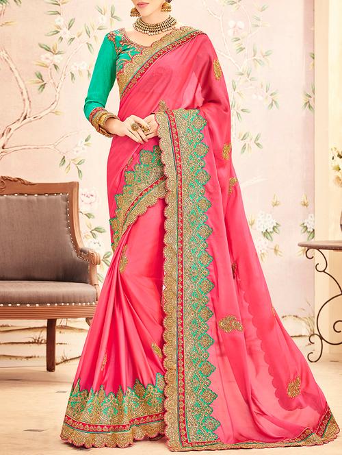 pink georgette embroidered saree with blouse - 14392351 - Very Small Image - 1