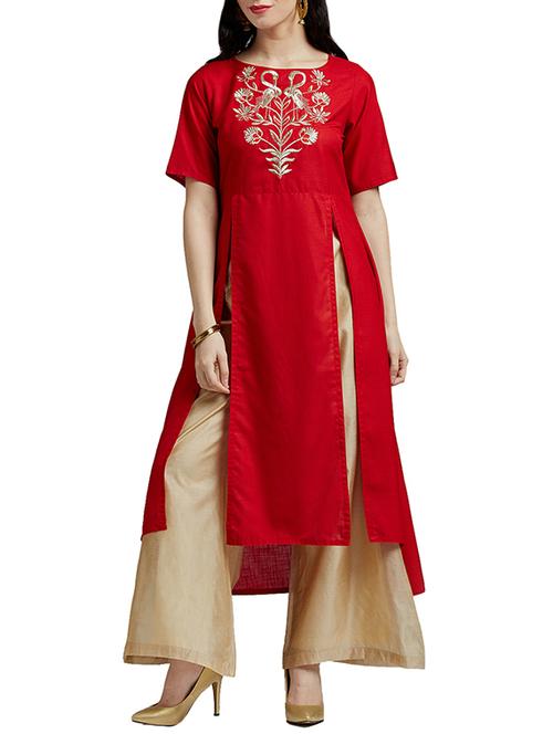 red cotton kurta palazzo set - 14394137 - Very Small Image - 1