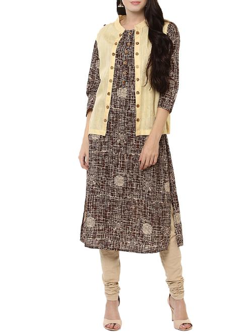 brown cotton straight kurta - 14396616 - Very Small Image - 1