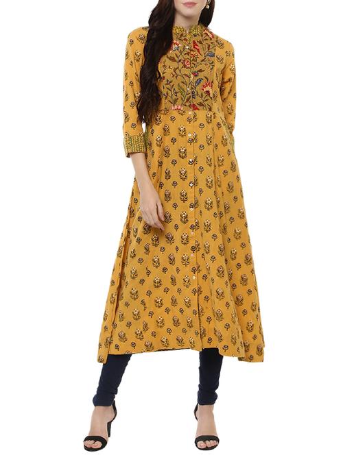 yellow cotton flared kurta - 14396627 - Very Small Image - 1
