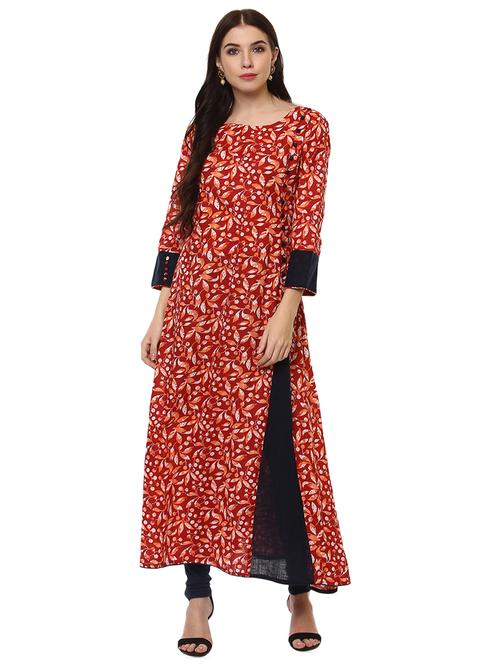 red cotton a-line kurta - 14396630 - Very Small Image - 1