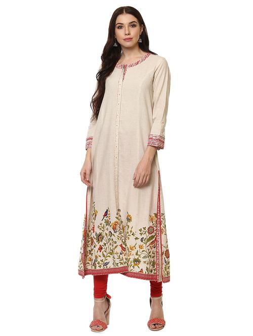 cream cotton a-line kurta - 14396633 - Very Small Image - 1