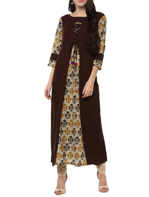 brown cotton a-line kurta - 14396639 - Very Small Image - 1