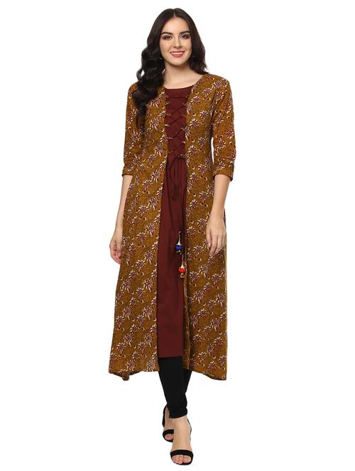 mustard cotton a-line kurta - 14396655 - Very Small Image - 1