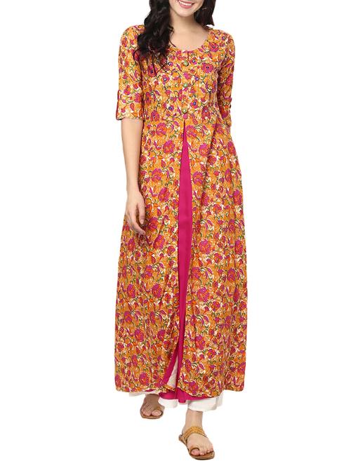 mustard cotton layered kurta - 14396666 - Very Small Image - 1
