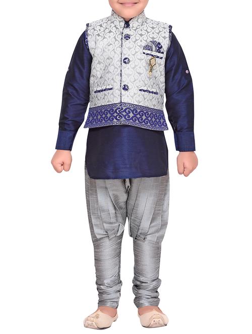 navy blue silk blend kurta set - 14397231 - Very Small Image - 1