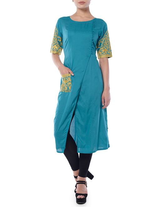 blue cotton aline kurta - 14399673 - Very Small Image - 1