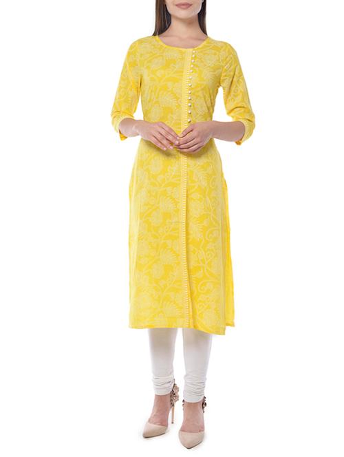 yellow cotton straight kurta - 14399681 - Very Small Image - 1