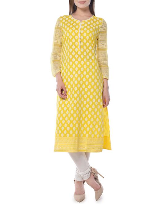 yellow cotton straight kurta - 14399685 - Very Small Image - 1