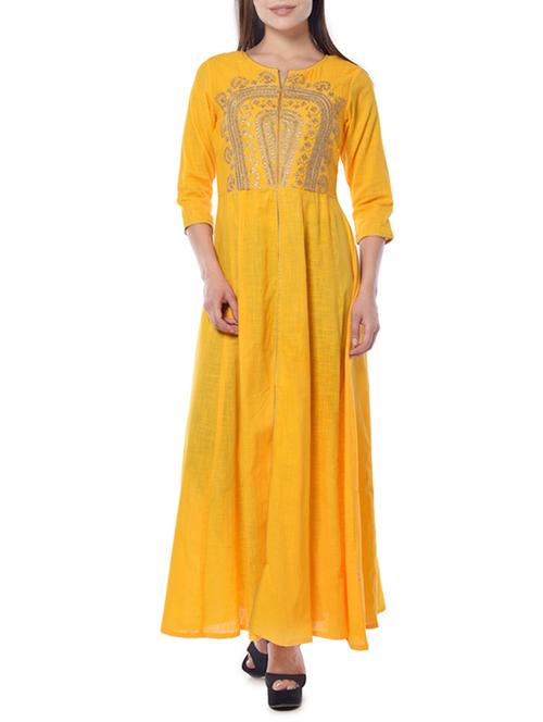 yellow cotton flared kurta - 14399692 - Very Small Image - 1