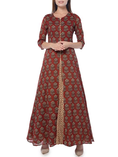 maroon cotton layered kurta - 14399702 - Very Small Image - 1