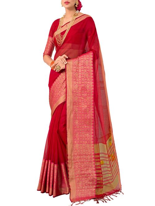 red bordered saree with blouse - 14400749 - Very Small Image - 1