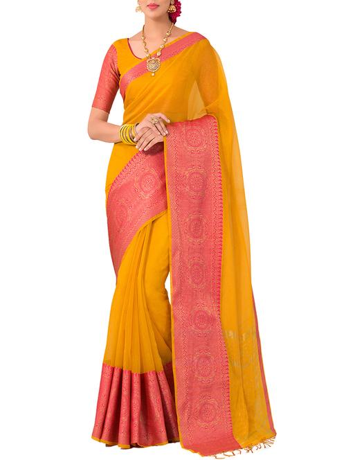 yellow bordered saree with blouse - 14400752 - Very Small Image - 1