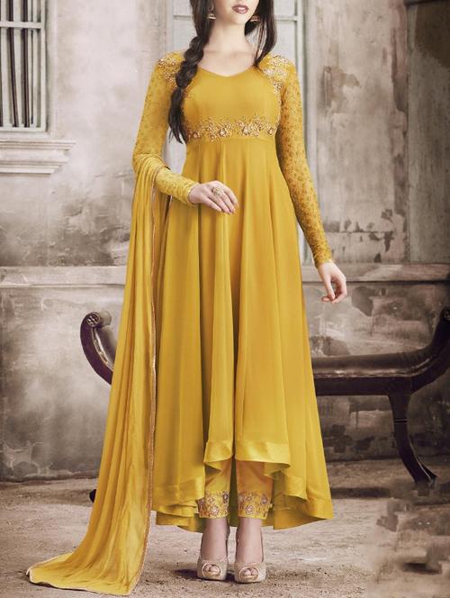 mustard high low semi-stitched suit - 14407383 - Very Small Image - 1