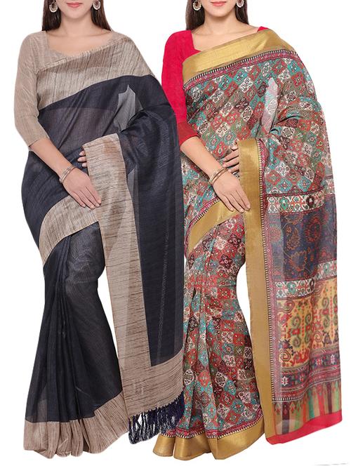 multi colored tussar silk combo saree with blouse - 14407877 - Very Small Image - 1