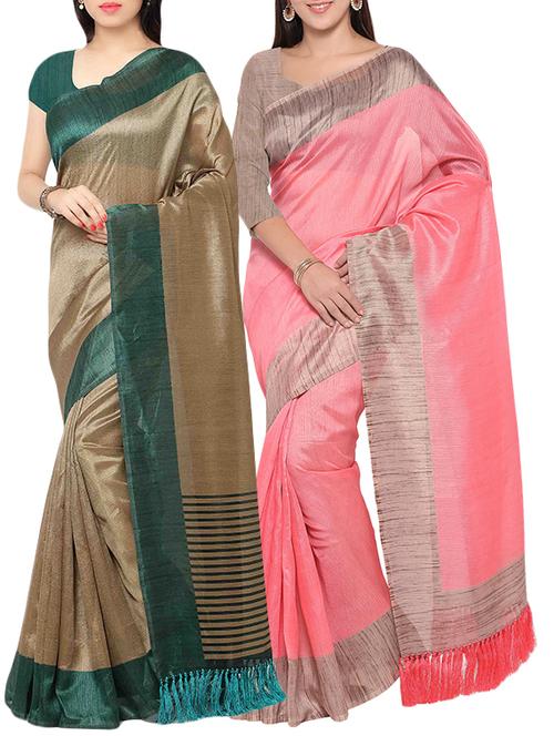 multi colored tussar silk combo saree with blouse - 14407899 - Very Small Image - 1