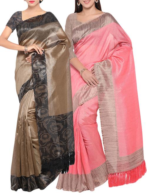 multi colored tussar silk combo saree with blouse - 14407907 - Very Small Image - 1