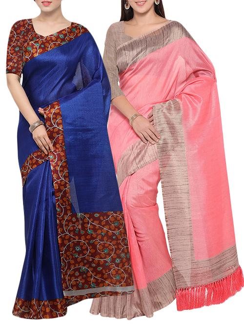 multi colored tussar silk combo saree with blouse - 14407925 - Very Small Image - 1