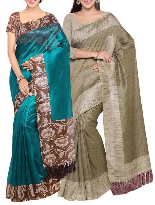 multi colored tussar silk combo saree with blouse - 14407960 - Very Small Image - 1