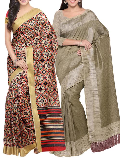 multi colored tussar silk combo saree with blouse - 14407977 - Very Small Image - 1