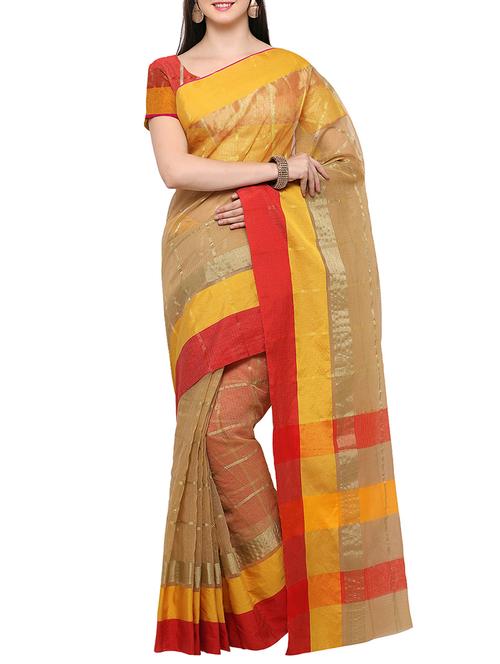 beige poly linen woven saree with blouse - 14408218 - Very Small Image - 1