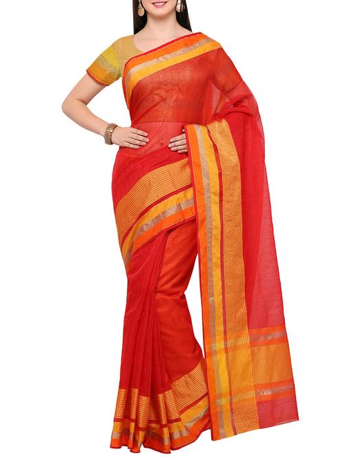red poly linen woven saree with blouse - 14408229 - Very Small Image - 1
