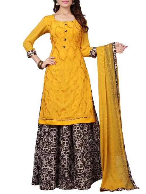 yellow embroidered unstitched palazzo suit - 14410358 - Very Small Image - 1