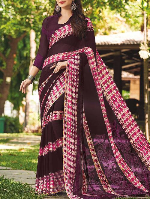 brown georgette printed saree with blouse - 14410879 - Very Small Image - 1