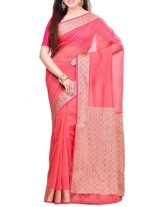 peach bordered saree - 14414447 - Very Small Image - 1