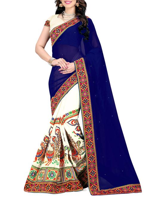 women's solid with work blue colored saree - 14416380 - Very Small Image - 1