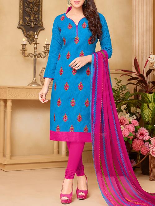 blue cotton embroidered dress material - 14420239 - Very Small Image - 1