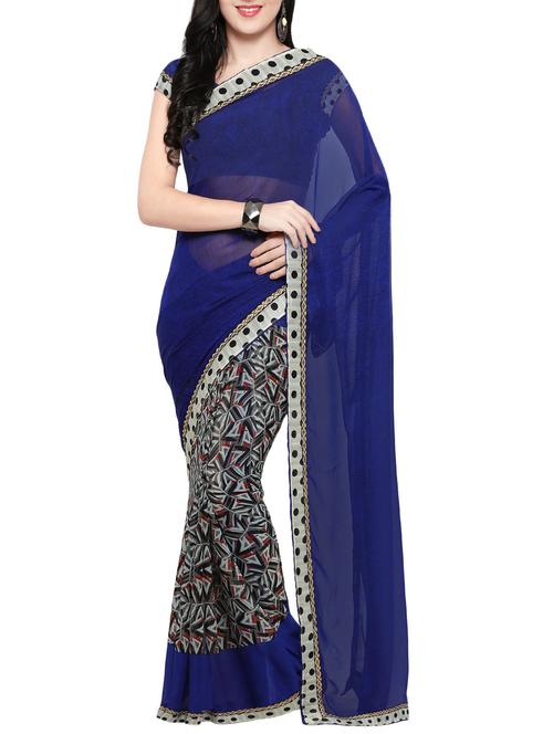 blue georgette printed saree with blouse - 14420563 - Very Small Image - 1
