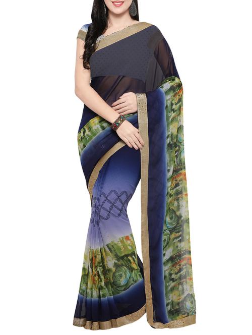 blue georgette printed saree with blouse - 14420573 - Very Small Image - 1
