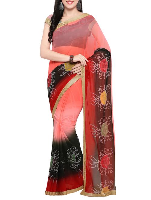 orange georgette printed saree with blouse - 14420574 - Very Small Image - 1
