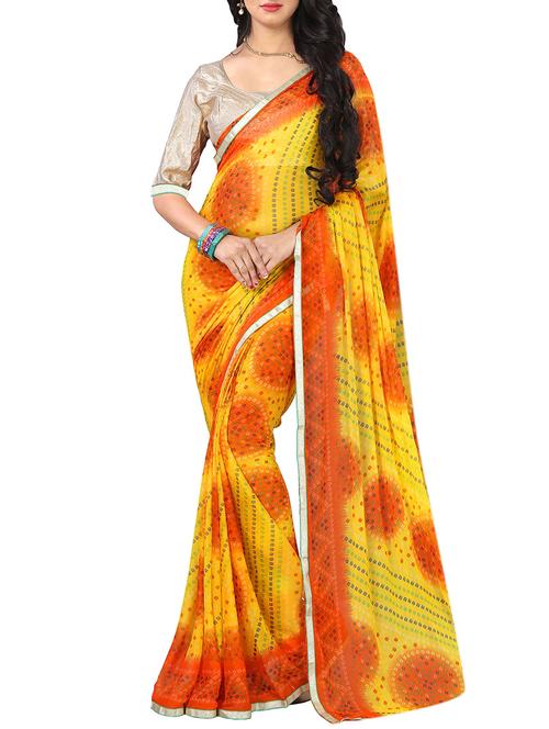 yellow chiffon bandhani saree with blouse - 14420737 - Very Small Image - 1