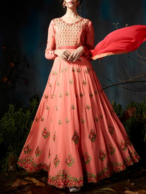 peach georgette semistitched suit - 14427852 - Very Small Image - 1